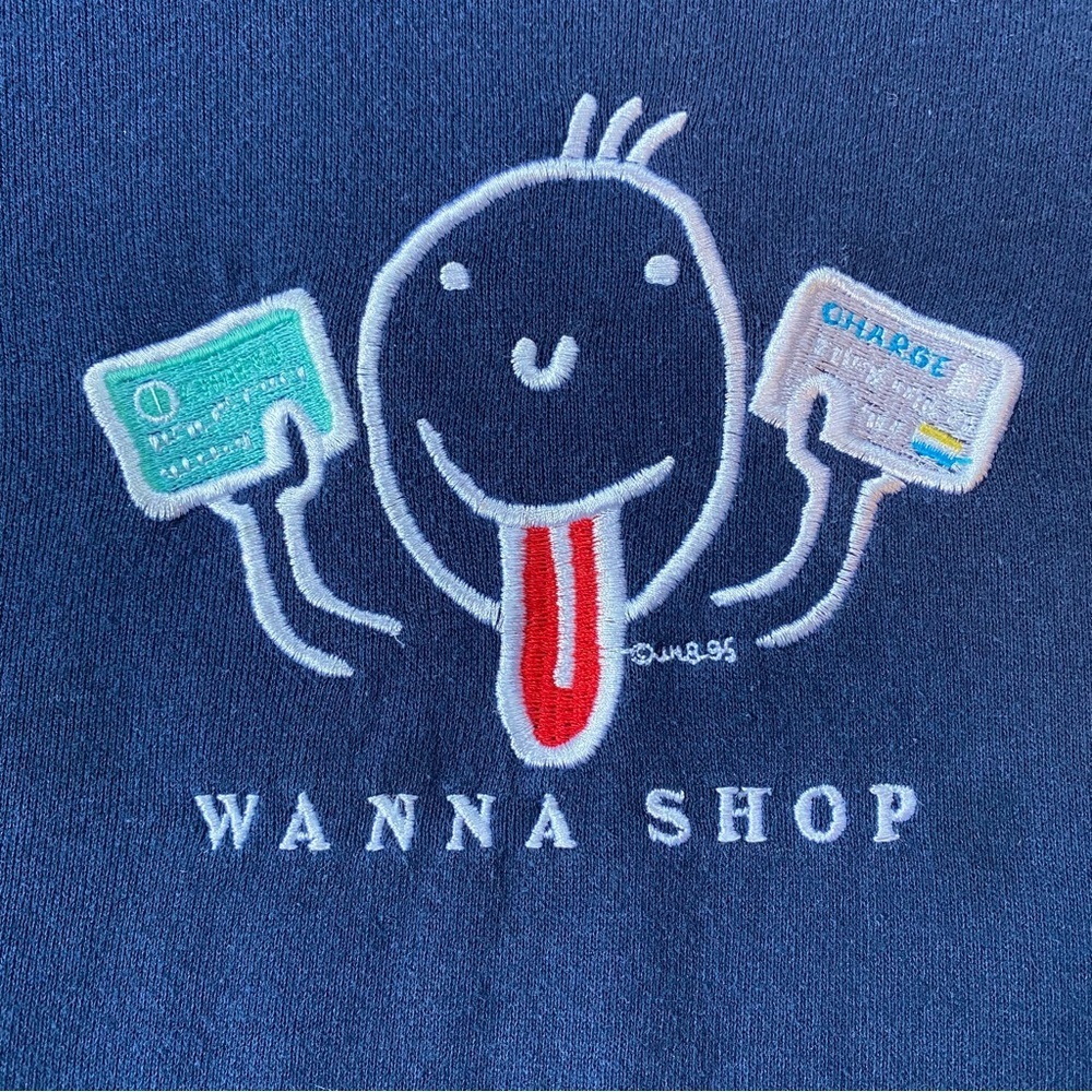 Vintage 1995 “Wanna Shop” Navy Blue Jerzees Sweatshirt - Picture 2 of 4